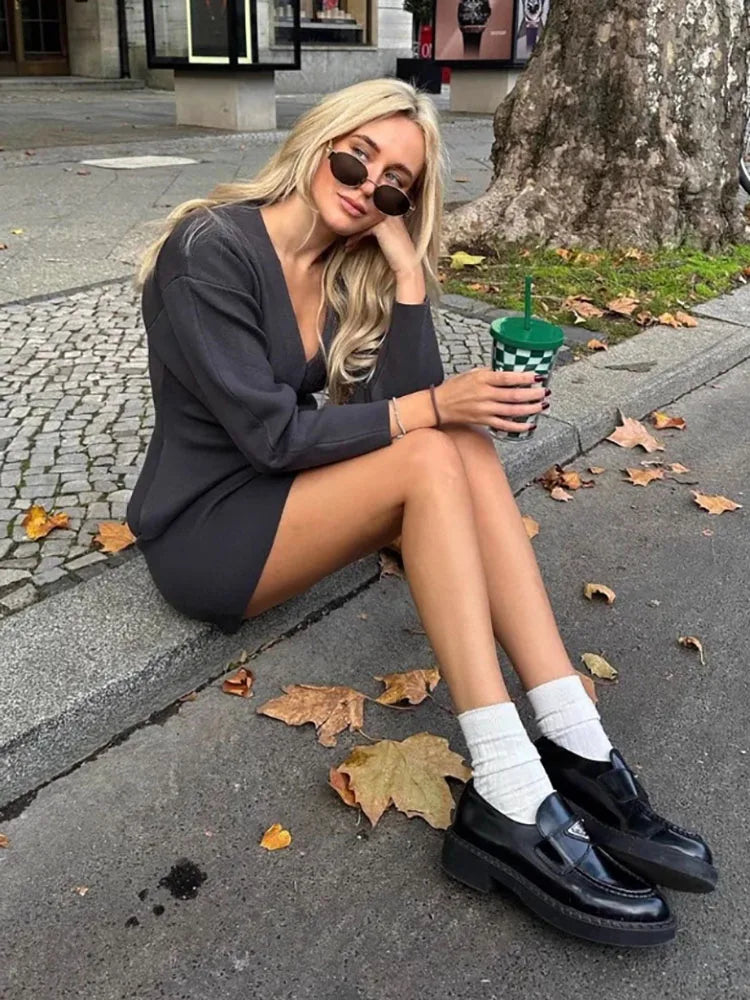 Women's Knit Tailored Cardigan and Skirt Set V-Neck Long Sleeve Jacket with High Waist Elastic A-Line Mini Skirt Stylish Two-Piece Outfit