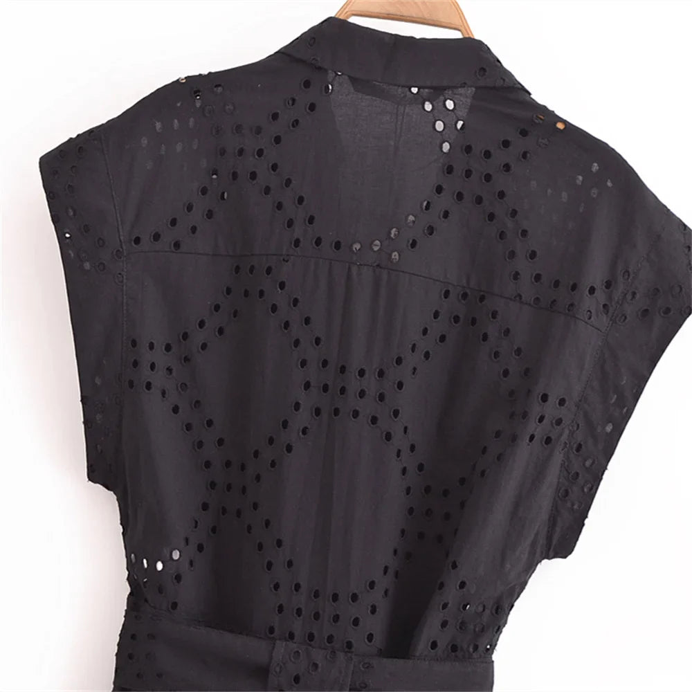 Casual Women's Short Sleeve Jumpsuit with Bow Waist Strap and Hollow Embroidery Summer Fashion Slimming One-Piece Romper