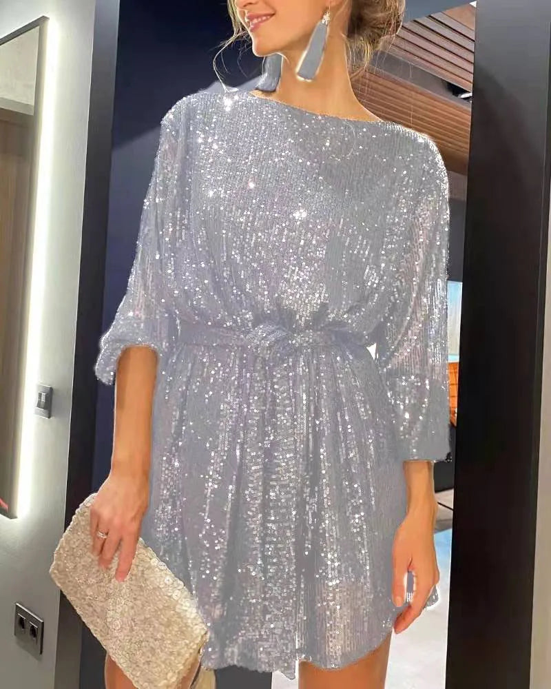 Sequin Dress Pearl Waistline Evening Cocktail Dress