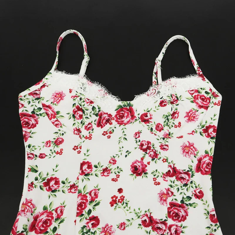 Red Print Maxi Dress For Women Sleeveless Lace V Neck Party