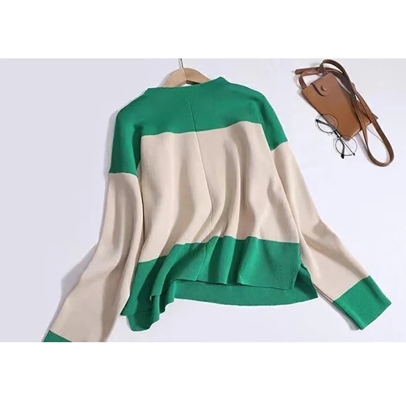 Women's Casual Sweater Set with Long Sleeve Tops and Color Block Design for Autumn and Winter