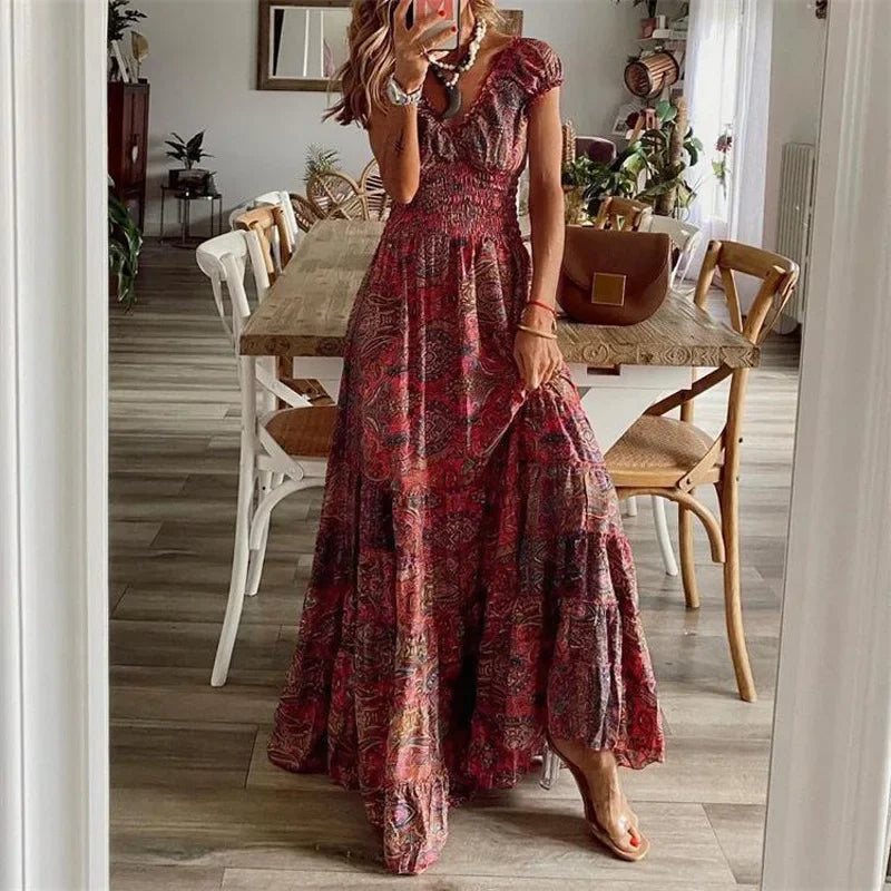 Bohemian Maxi Dress Floral Print Cinched Waist Long