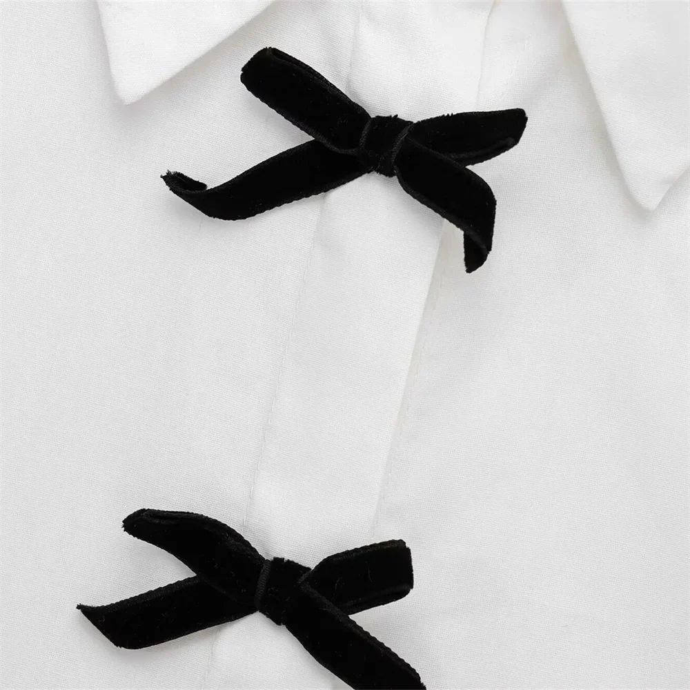 Women's Casual Long Sleeve Shirt with Butterfly Knot and Wave Point Pattern Single Breasted Stylish Blouse