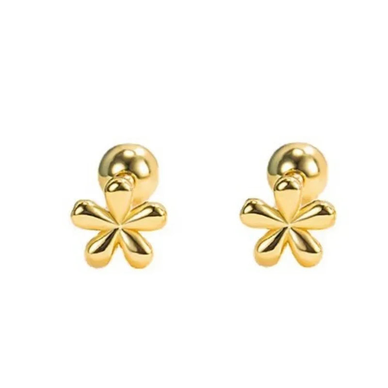 Simple Stainless Steel Golden Flower Small Stud Earrings for Women with Tiny Screw Back Piercing