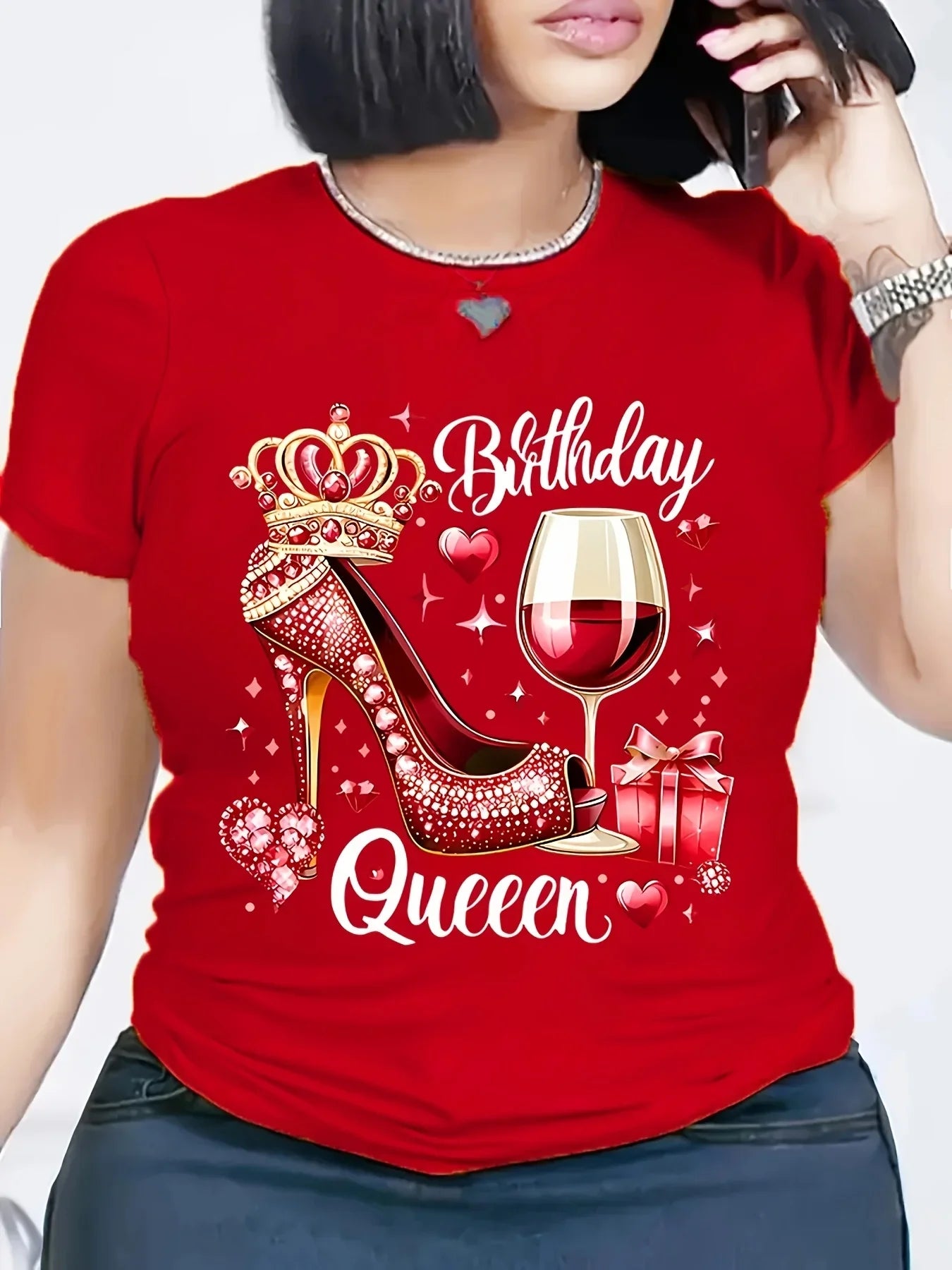 Red Birthday Queen T-Shirt with High Heels and Crown Wine Glass Pattern Casual Short Sleeve Round Neck Design