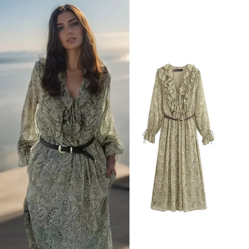 Chiffon Print V Neck Dress For Women Elegant Long Evening