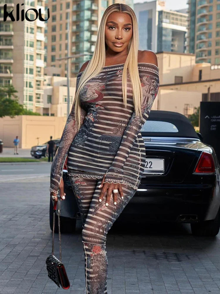 Mesh Trend Print 2 Piece Set for Women with Hipster Slash Neck Full Sleeve Top and Matching Slim Fit Pants