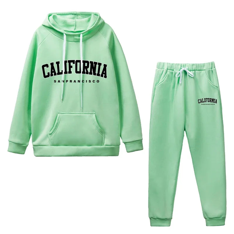 Womens California Letter Printing Hooded Tracksuit Set High Quality Casual Jogging Sweatshirt and Pants