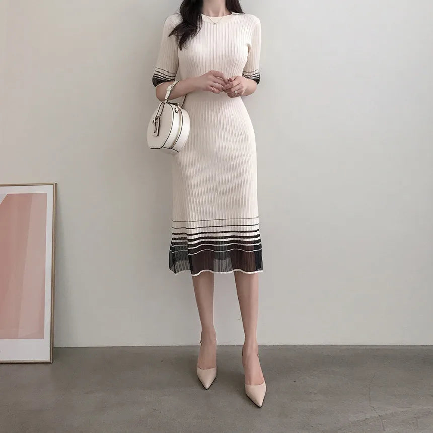 Summer Mesh Patchwork Midi Dress for Women O Neckline