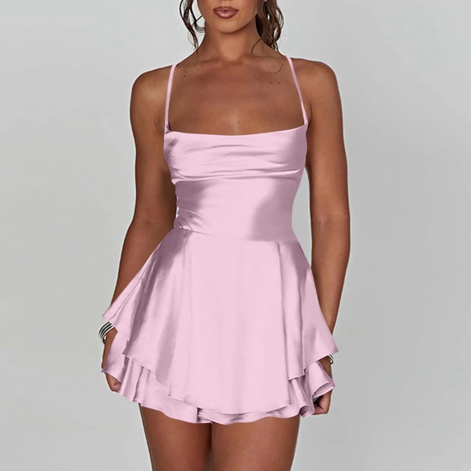 Backless Satin Party Dress With Cowl Neck Spaghetti Straps