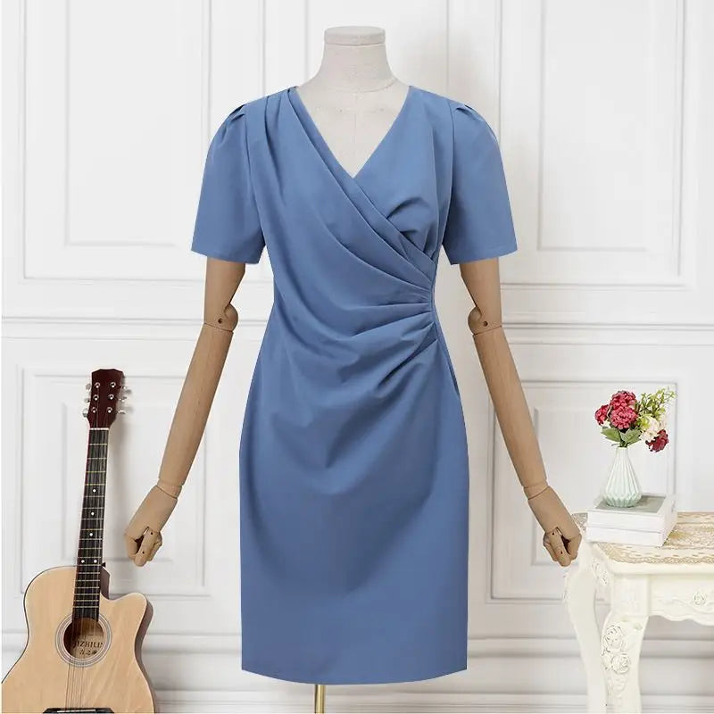 Elegant Women Office Dress V Neck Solid Color Short Sleeve