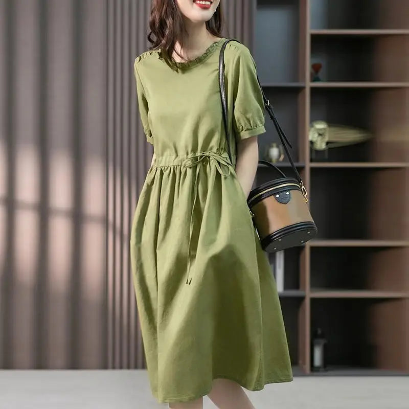 Korean Style Ruffle Midi Sundress With Belt And Pockets