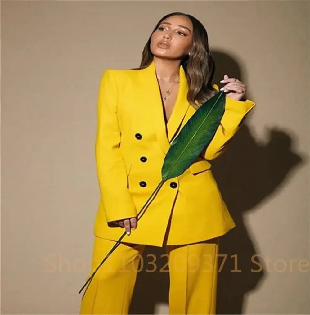 Plus Size Yellow Pantsuit for Women Double Breasted Blazer