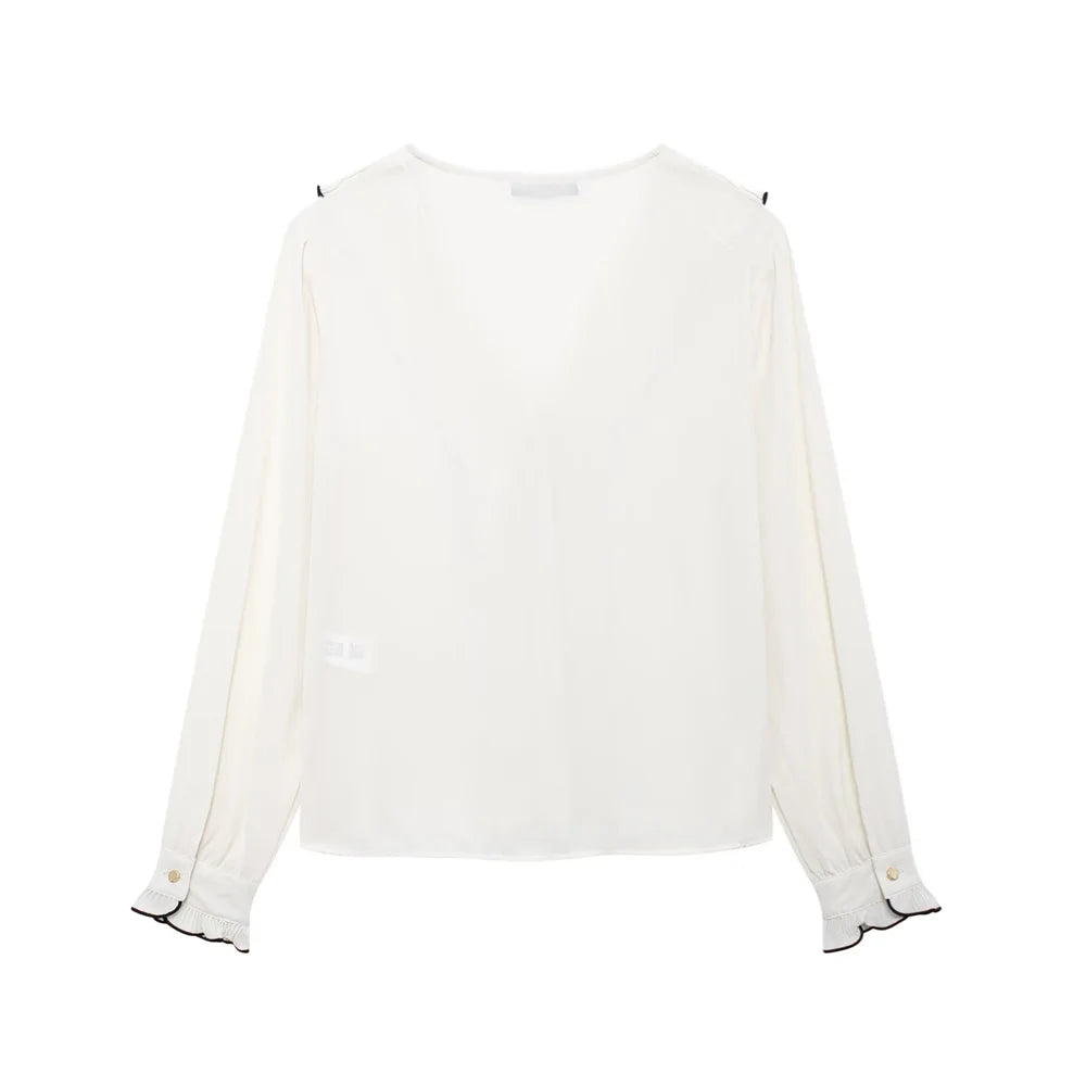 Color Block Splicing Long Sleeve V Neck Shirt with Decorative Edge and Layered Small Pleats
