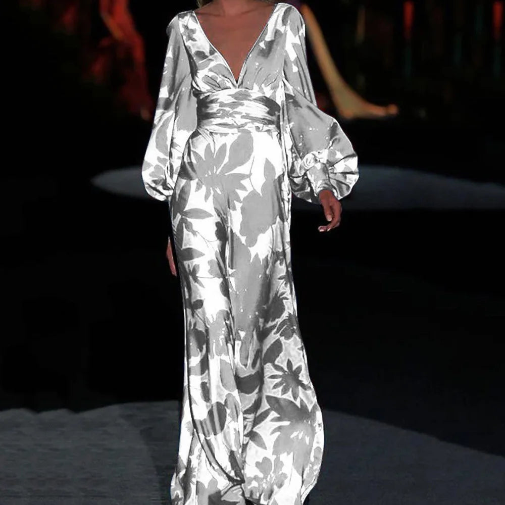 Printed Womens V Neck Lantern Sleeve Long Evening Dress