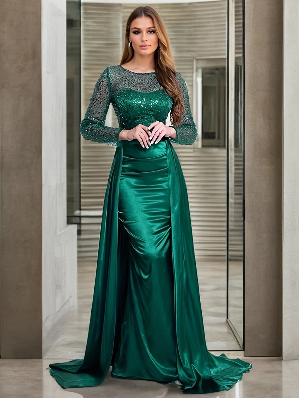Green Sequin Mermaid Evening Gown With Detachable Train