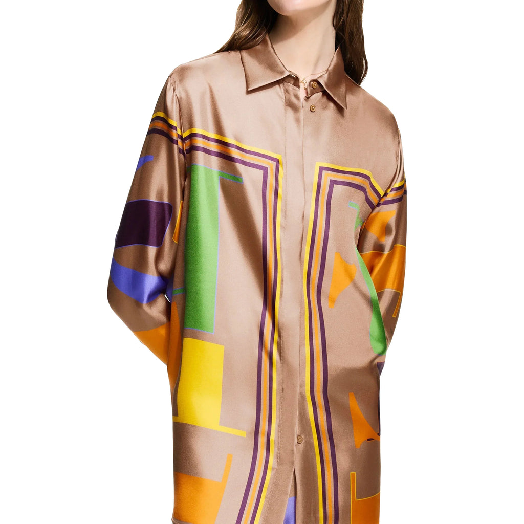 Loose Geometry Print Satin Two-Piece Set for Women with Wide Leg Trousers and Casual Tops