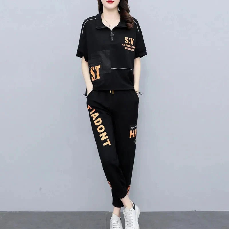 Women's Summer Korean Style Sports Suit Loose Short Sleeve Top and Pencil Pants Two Piece Set