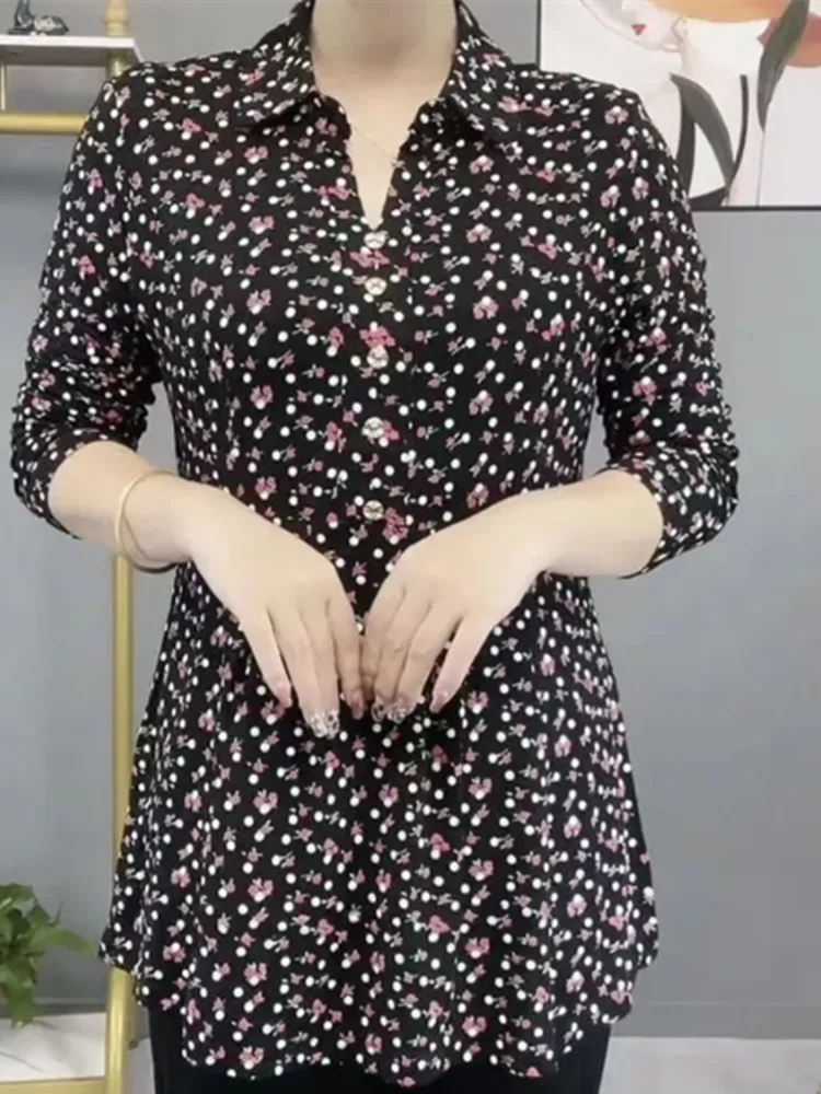 Elegant Autumn Polo Neck Floral Blouse for Women Thin Long Sleeve Vintage Printed Shirt with Button Detail
