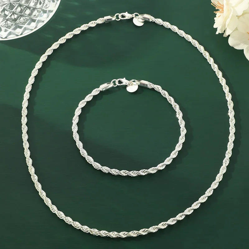 925 Sterling Silver Twisted Rope Chain Necklace and Bracelet Set for Men and Women High Quality Jewelry