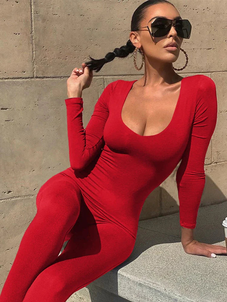 Sexy Black Long Sleeve Bodycon Jumpsuit for Women Slim Fit Casual Streetwear Skinny Romper