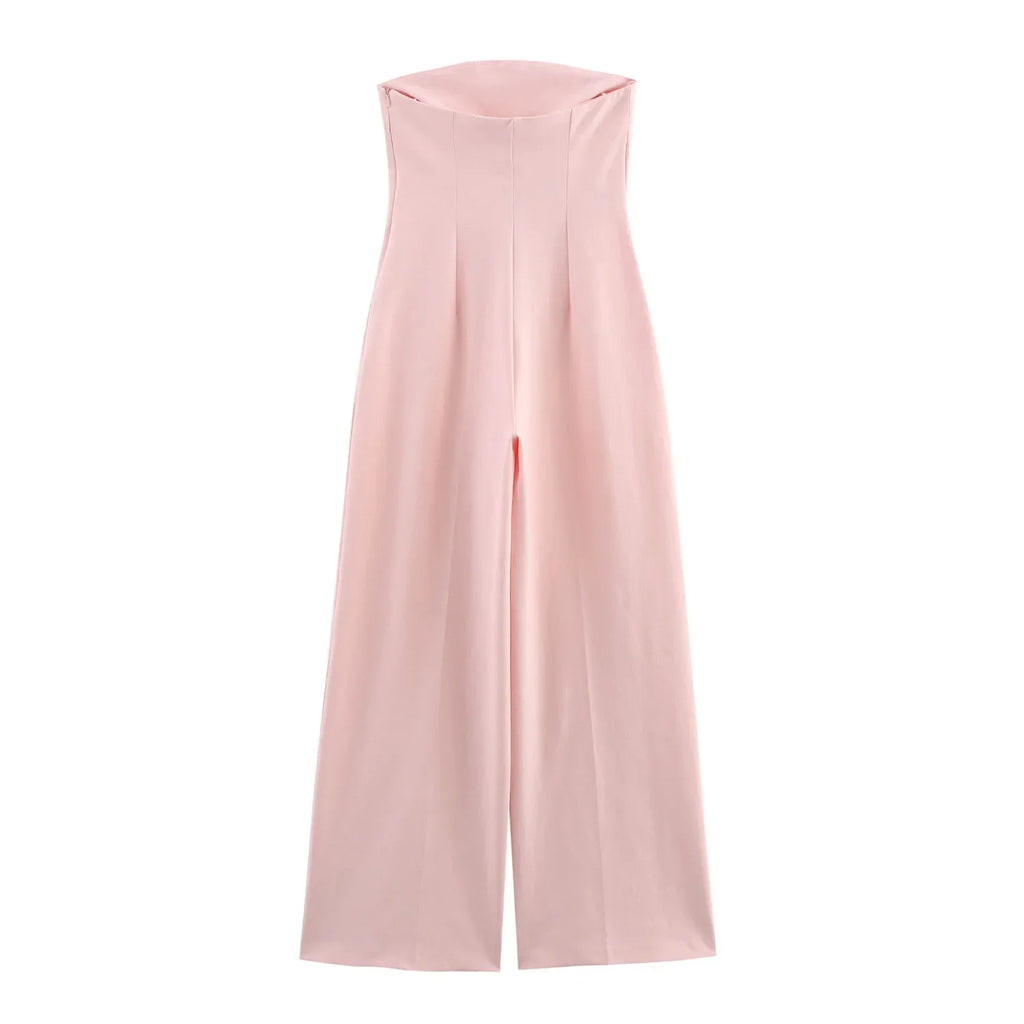 Women High Waist Straight Leg Jumpsuit with Halter Neck Sleeveless Design Side Zipper Wide Leg Pants Chic Spring Summer Outfit