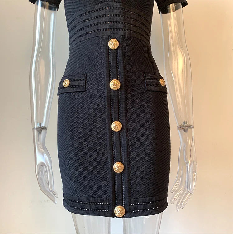 V Neck Knit Short Sleeve Black Sheath Dress With Elastic