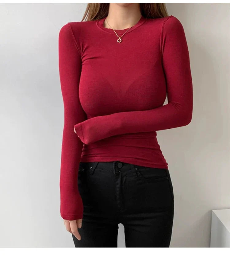 Korean Style Slim Fit Cotton Long Sleeve T Shirt for Women Soft Transparent Summer Tee