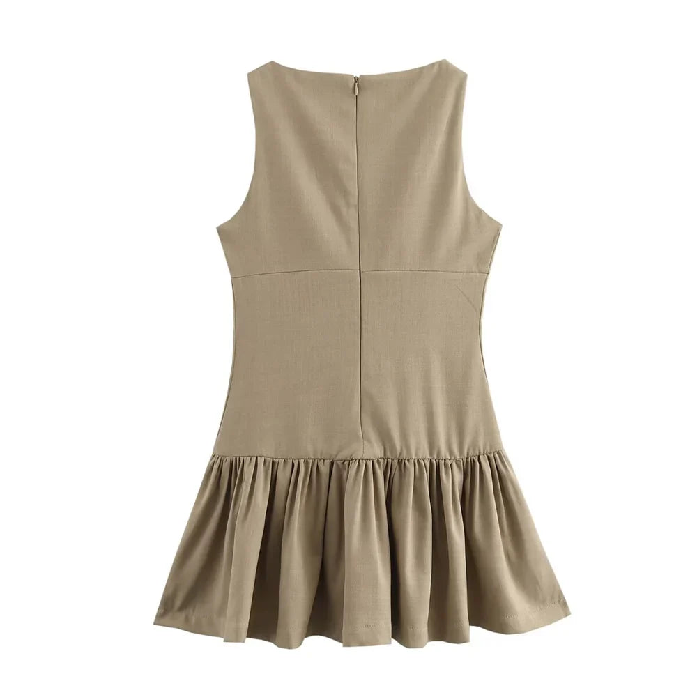 Bow Embellished Sleeveless Pleated Patchwork Dress Women