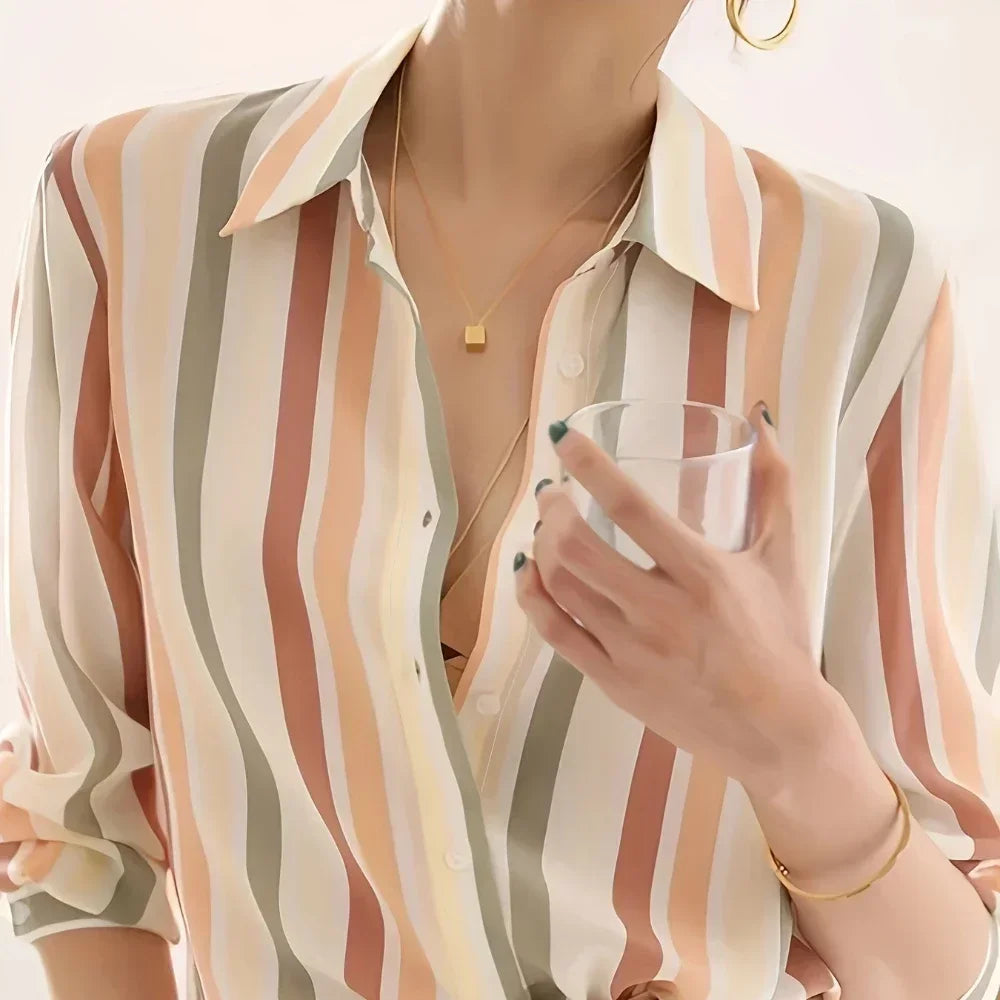 Striped Print Button Front Casual Long Sleeve Shirt for Women Lightweight Blouse for Spring and Fall Women's Tops