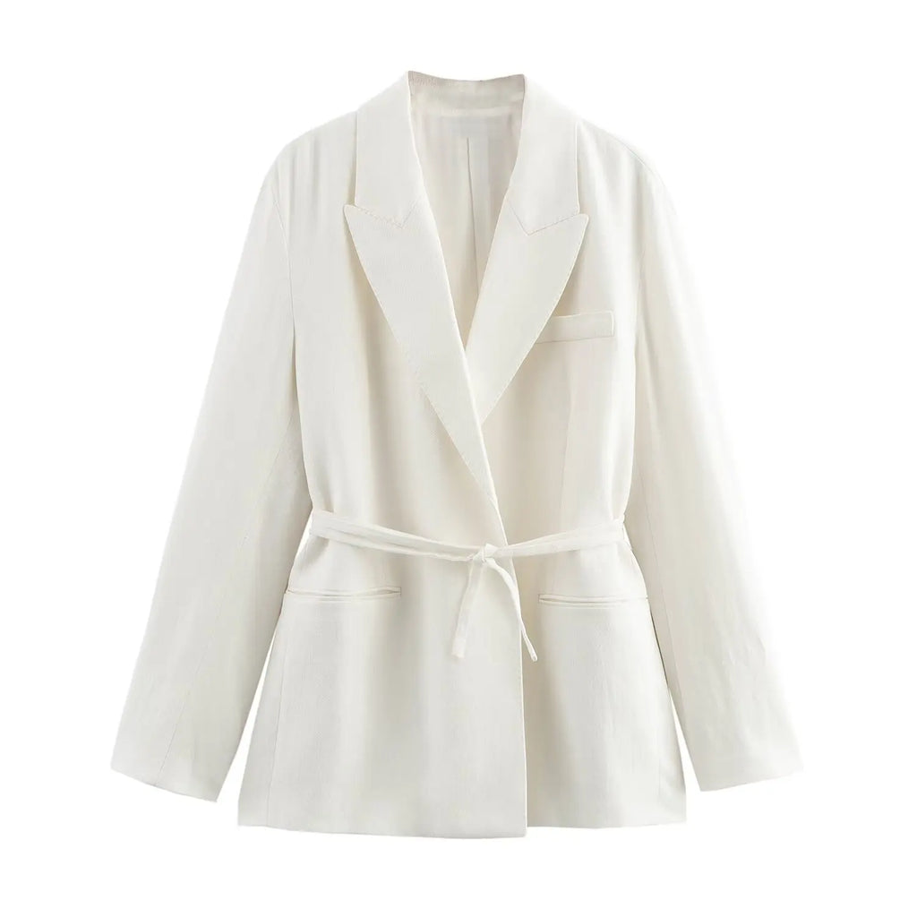 Women's Casual Chic Blended Suit Jacket and Straight Trousers Set for Spring and Summer