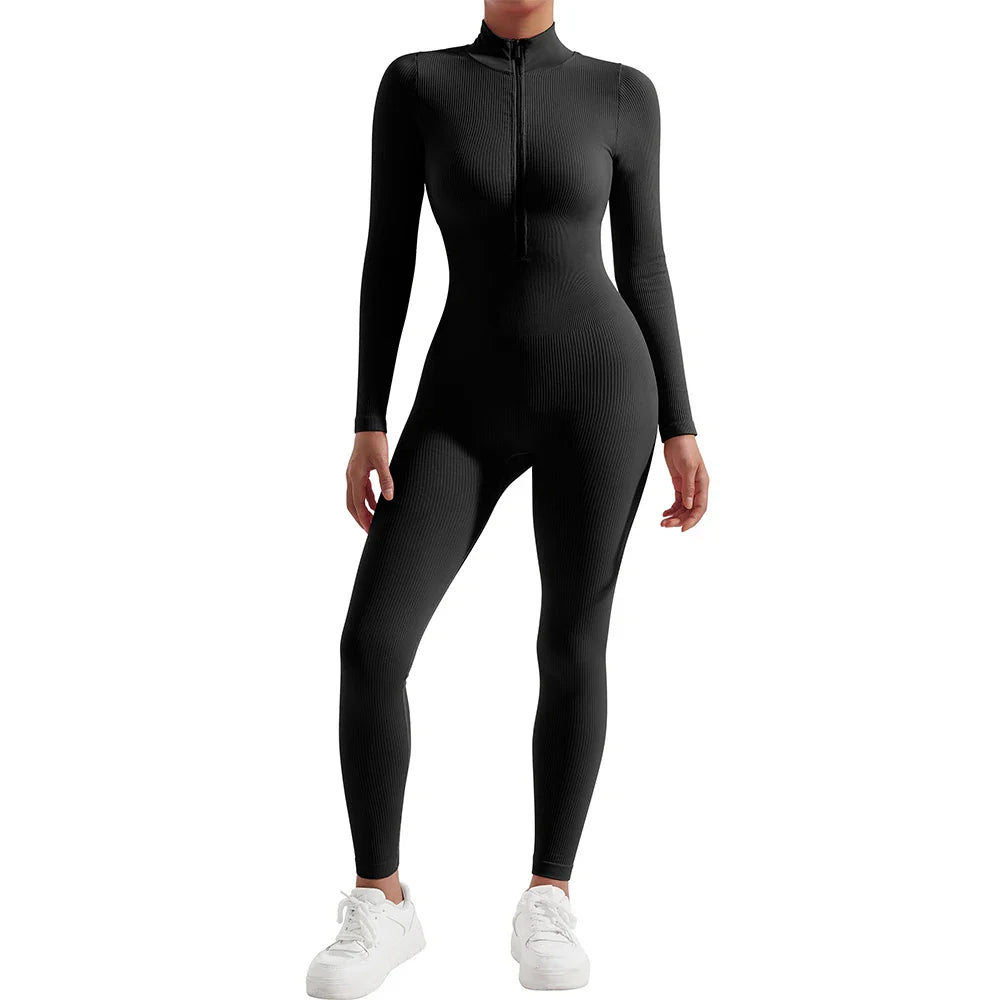 Women's Long Sleeve Solid Bodycon Jumpsuit Zipper Romper Summer Bodysuit Streetwear Overalls Sportswear