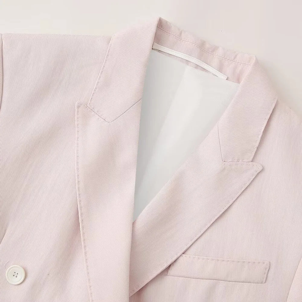 Pink Draping Casual Double Breasted Women's Commuter Suit Coat with Straight Leg Pants