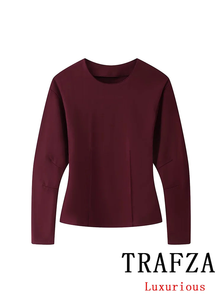 Casual Chic Red Women Elastic Two-Piece Set Long Sleeve Slim O Neck Top with High Waist Wide Leg Pants Stylish Spring Summer Outfit