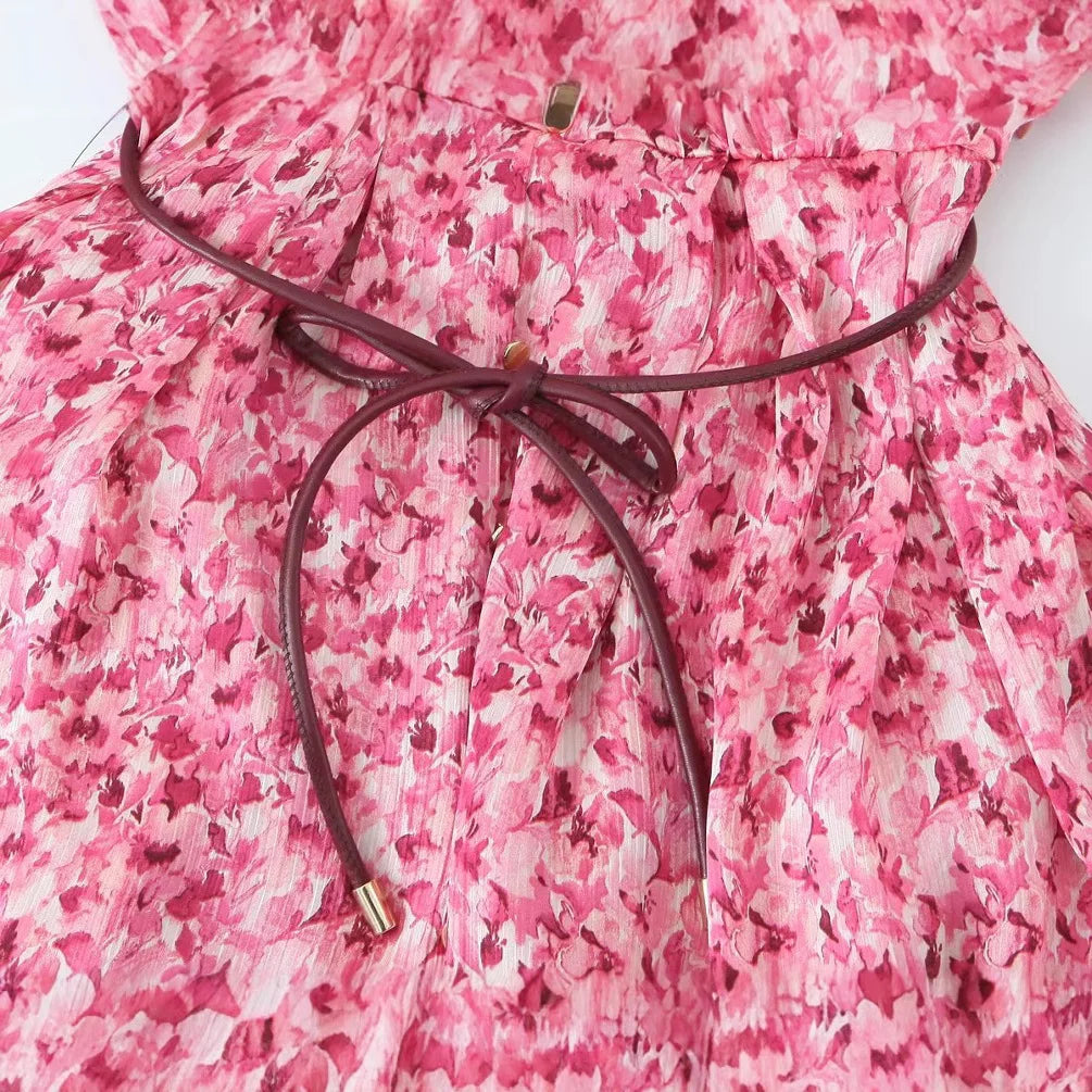 Floral Print Midi Dress V Neck Long Sleeve With Waist Tie