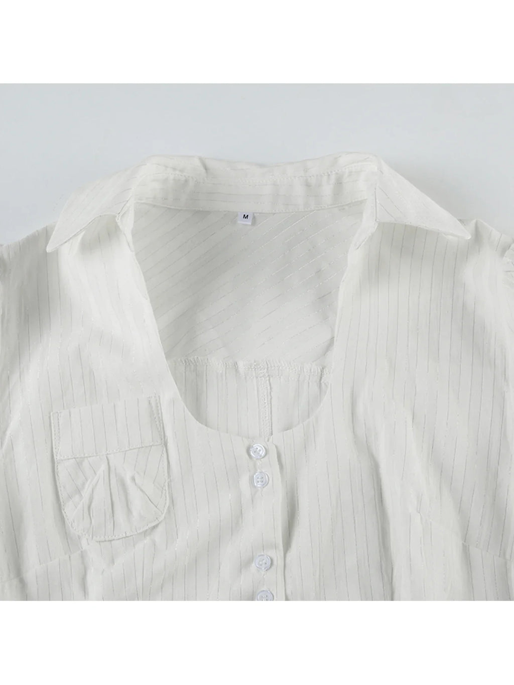 Slim Striped Blouse for Women Casual V-Neck Turn-Down Collar Short Puff Sleeve Summer Shirt