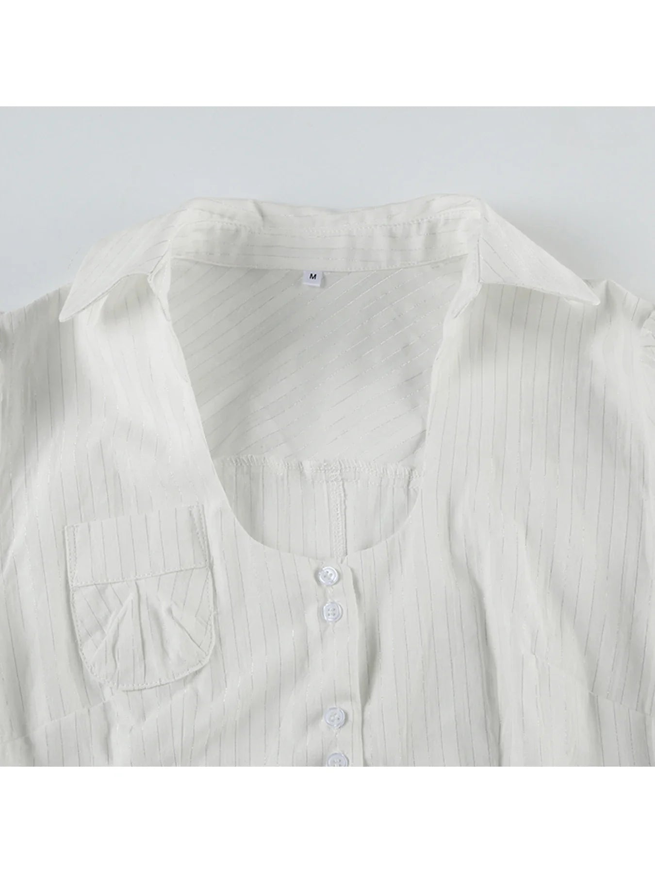 Slim Striped Blouse for Women Casual V-Neck Turn-Down Collar Short Puff Sleeve Summer Shirt