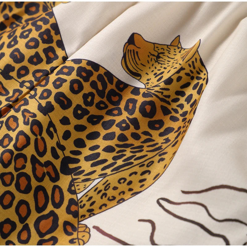 Autumn Women Leopard Print Suit Vintage Single Breasted Wide Leg Pants Set Casual Loose Outfit