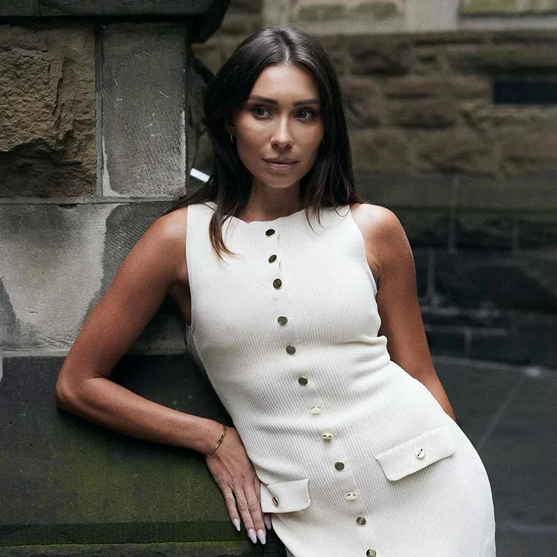 Elegant Sleeveless Ribbed Knit Bodycon Dress High Waist