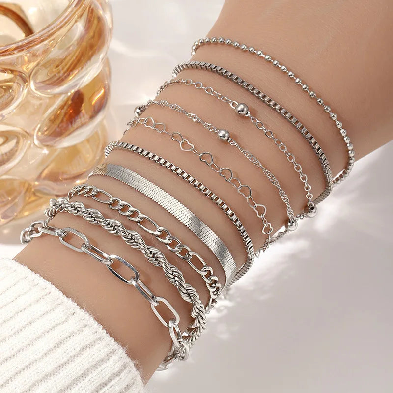 10 Pcs Vintage Gold Color Snake Chain Bracelet Set for Women Boho Multi-Layer Summer Jewelry