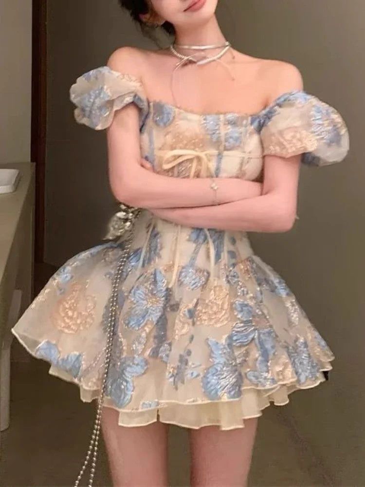 Square Neck Dress Women Boho Print Mini Dress Beach Style