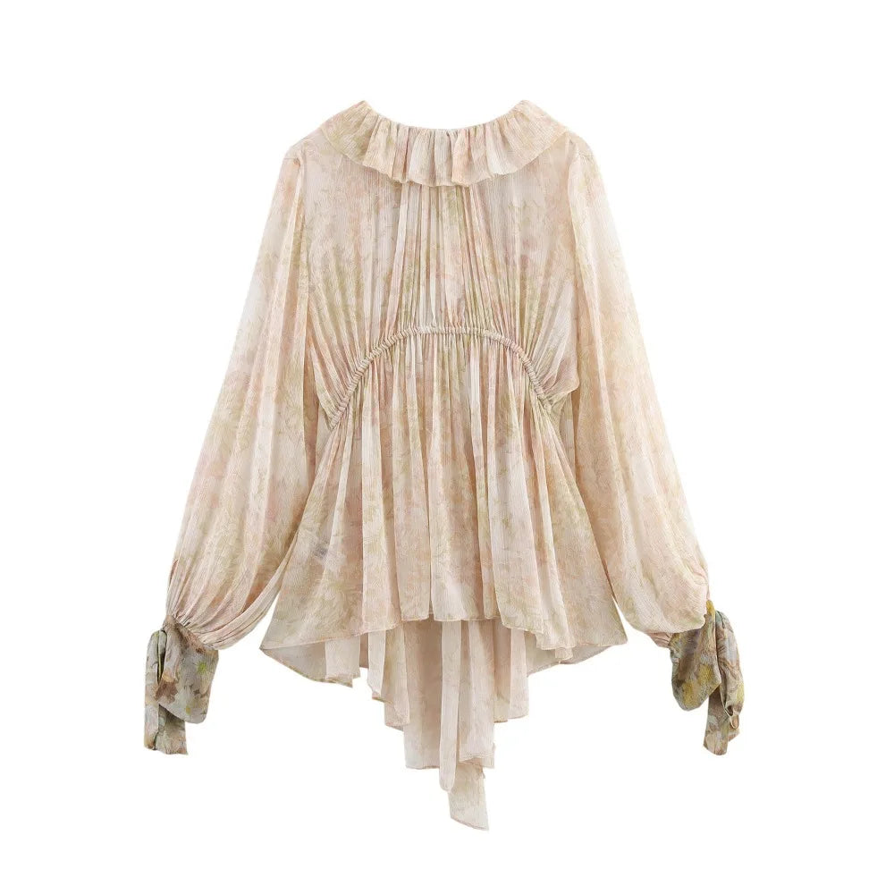 Loose Printed Blouse for Women with Pleated V-Neck Lantern Sleeves Single-Breasted Casual Pullover Shirt Chic Lightweight Spring Summer Top