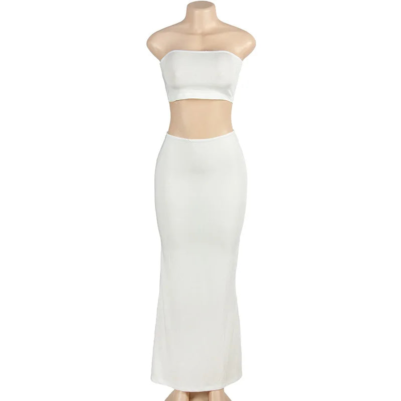 Solid Color Sleeveless Tube Top with High Waist Slim Long Skirt Set for Women Summer Chic Fashion