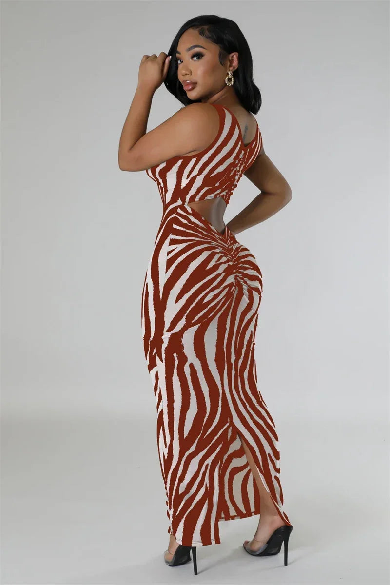 Zebra Print Bodycon Maxi Dress Ruched Sleeveless Party