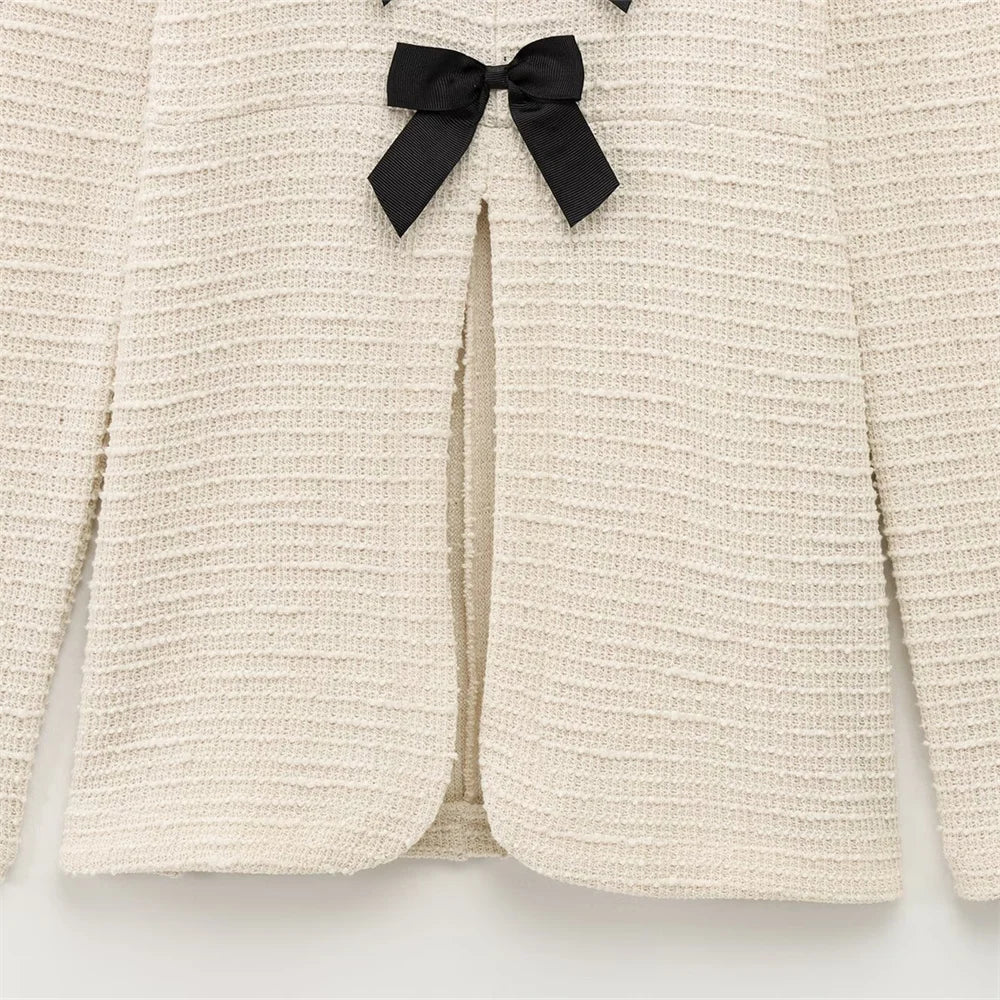 Fashionable Women's Bow Decoration Top and Slimming Texture Bell Bottom Pants Set