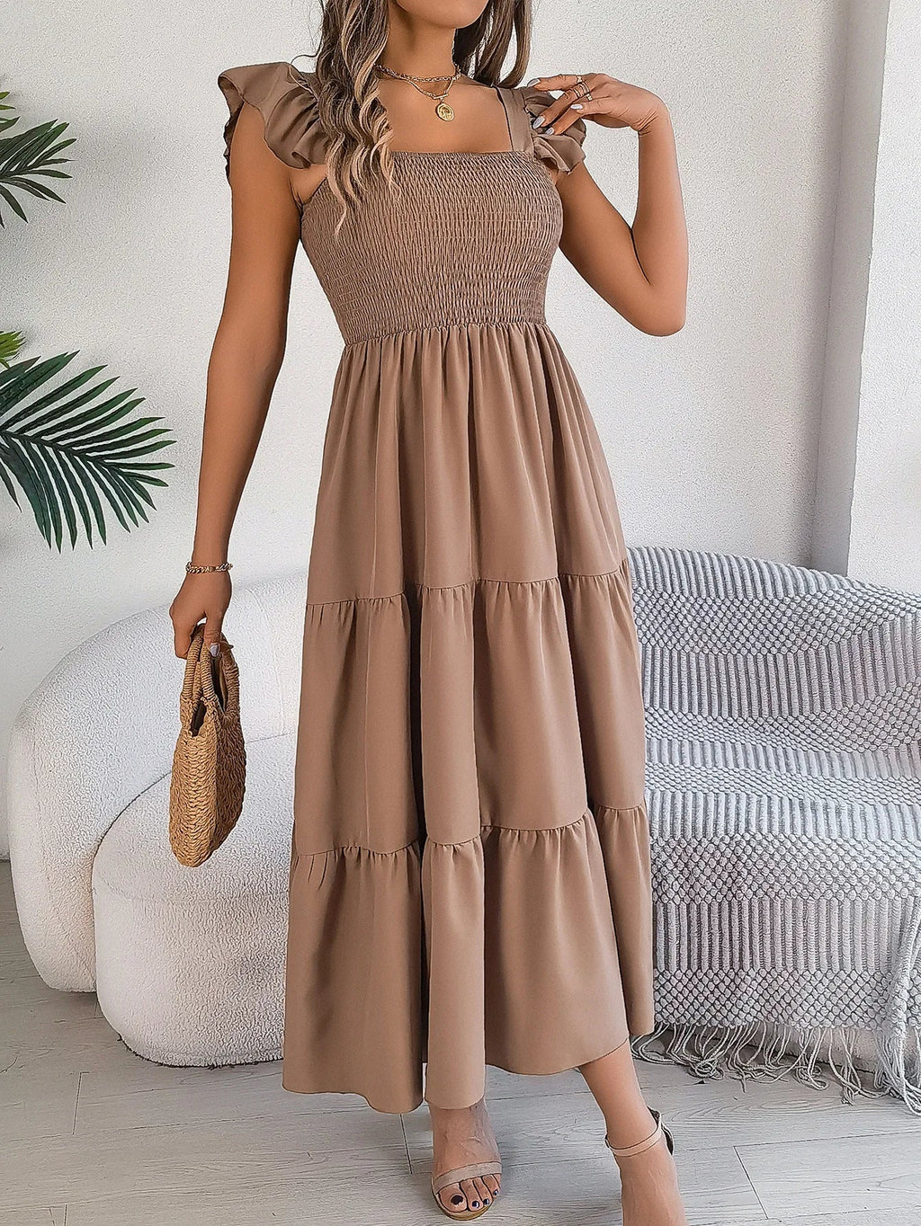 Square Neck Maxi Dress for Women Solid Summer Color