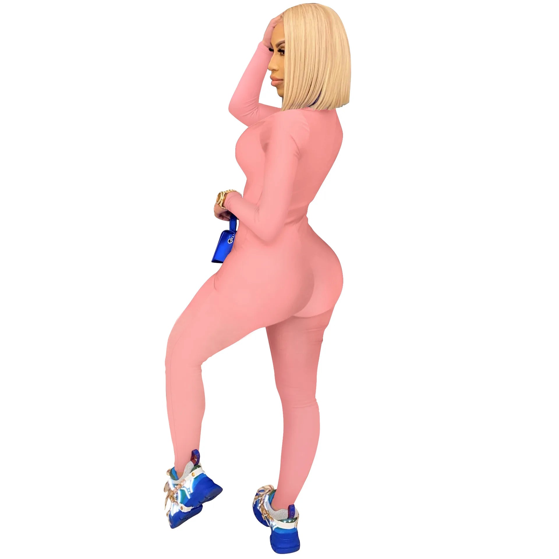 Women's Bodycon One-Piece Jumpsuit with Long Sleeves and Large Front Zipper Casual Sporty Skinny Workout Overalls Top