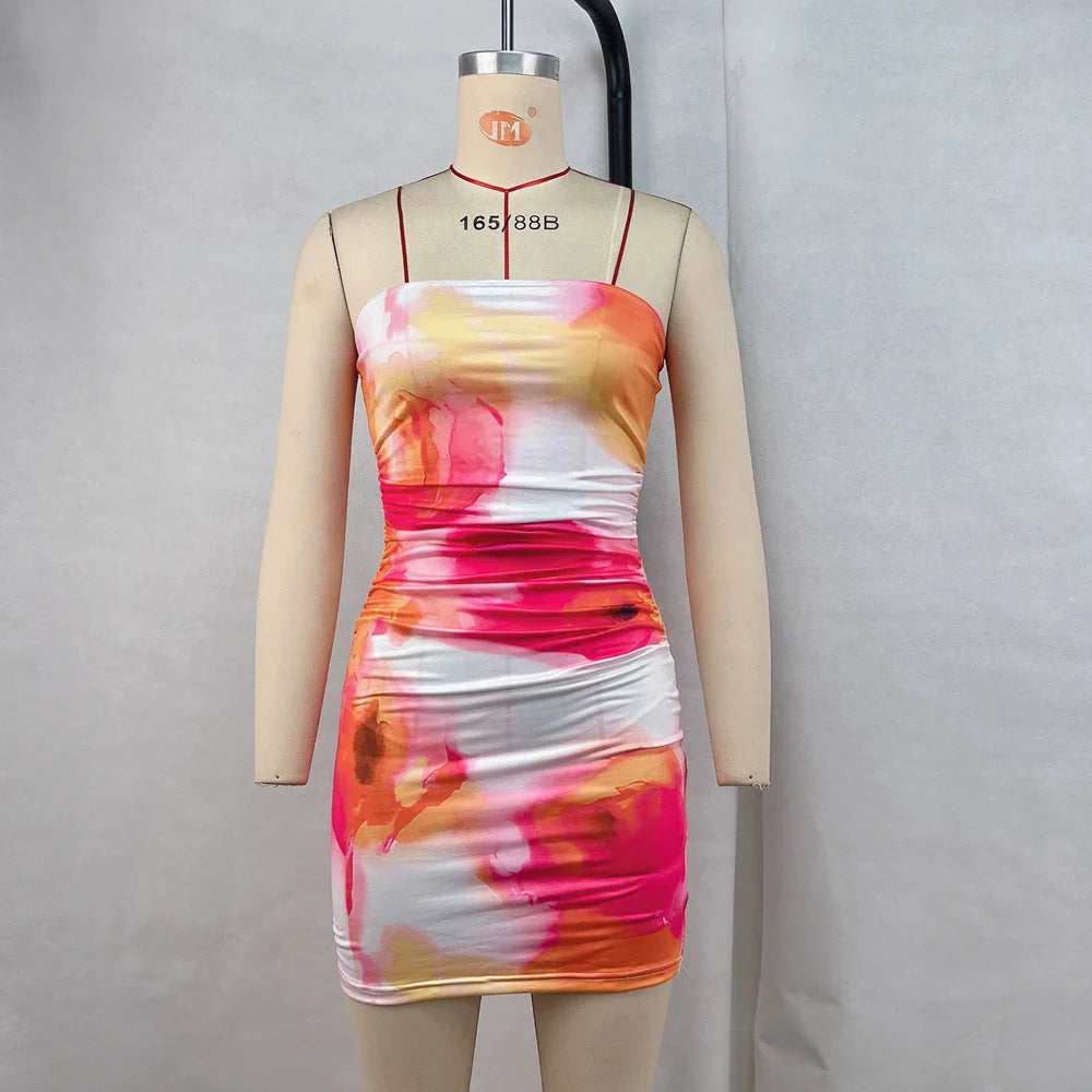 One Shoulder Strapless Printed Dress With Cinched Waist