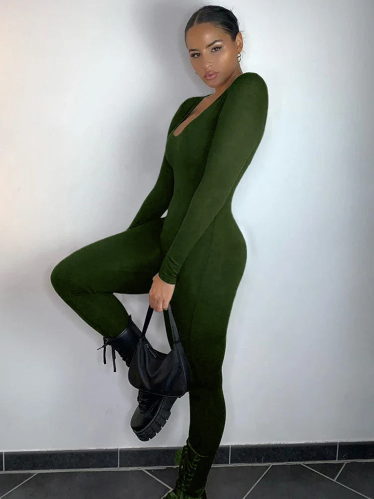 Sexy Black Long Sleeve Bodycon Jumpsuit for Women Slim Fit Casual Streetwear Skinny Romper