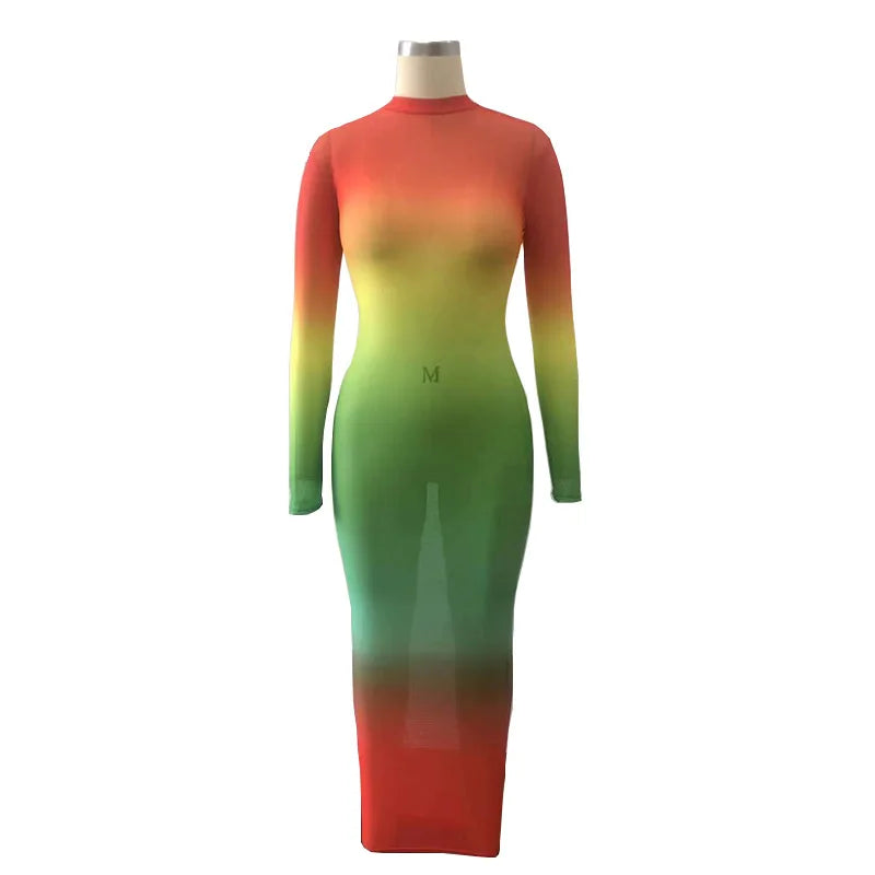 Rainbow Gradient Sheer O Neck Dress For Clubwear Nights